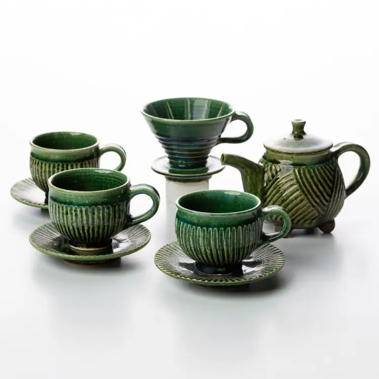 コーヒー陶器 ドリッパー コーヒーポット&ドリッパー8点セット コーヒーカップ3個 ソーサー3個 織部釉 [抱星窯 長崎県 東彼杵町 hs42bag390005]