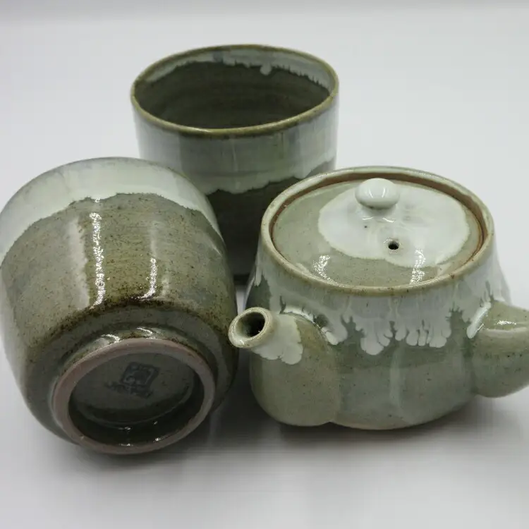緑茶 茶器 セット 急須 1.5号 約280ml 湯呑 約200ml ペア 緑茶 80g 3袋 計240g [文珠会 障害者支援施設 常明園 長崎県 東彼杵町 hs42bag350004]