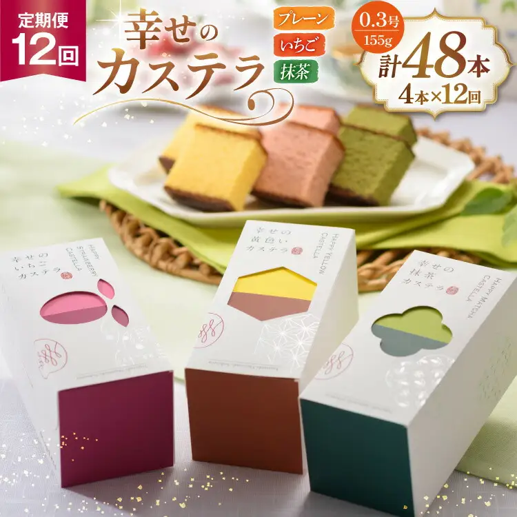 カステラ 幸せのカステラ 0.3号 155g 3種 セット プレーン2本 いちご1本 抹茶1本 計4本 12回 総計48本 詰め合わせ [長崎カステラセンター心泉堂 長崎県 東彼杵町 hs42bag180012]