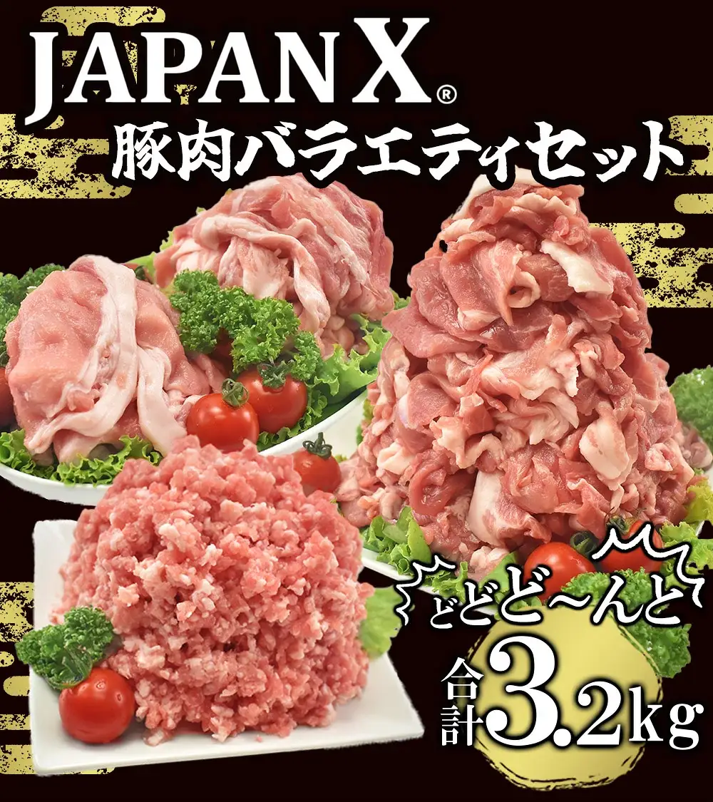 ＜蔵王町産＞JAPAN X　豚肉バラエティセット 3.2kg  　豚肉 豚 ブランド豚 小分け 豚小間 豚こま ひき肉 切落し 豚バラ 豚ロース ジャパンエックス 蔵王 人気 　【04301-0366】