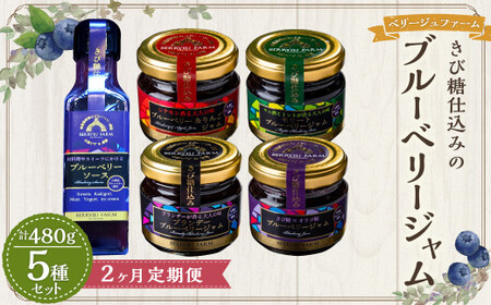 【2ヶ月定期便】きび糖 仕込みの ブルーベリー ジャム 5種 セット 各90g×1瓶 ブルーベリージャム りんごジャム 瓶詰め 瓶