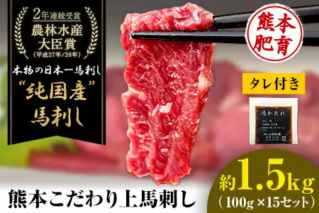 馬刺し 上赤身 ブロック 国産 熊本肥育 冷凍 生食用 たれ付き 100g×15セット(10ml×15)《3-7日以内に出荷予定(土日祝除く)》肉  絶品 牛肉よりヘルシー 馬肉 予約 平成27年28年 農林水産大臣賞受賞  ｜人気馬刺し  人気返礼品 熊本馬刺し ブランド馬刺し