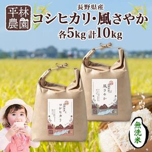 令和7年産 コシヒカリ 風さやか 無洗米 各5kg 長野県産 米 白米 精米 お米 ごはん ライス 甘み 農家直送 産直 信州 人気 ギフト 時短 お取り寄せ 平林農園 送料無料 長野県 大町市
