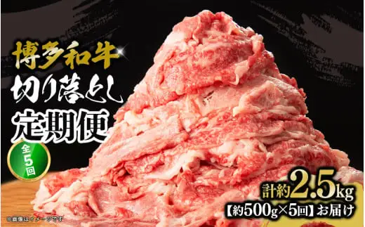 博多和牛 切り落とし 定期便全5回 計約2.5kg 肉 お肉 博多和牛 和牛 牛肉 バラ カタ モモ ウデ 赤身 切り落とし 国産 2～3人前 500g 冷凍 冷凍配送 使い切りサイズ 柔らかい ジューシー すき焼き 牛丼 肉じゃが 定期便 全5回 福岡県 八女市 072-T101