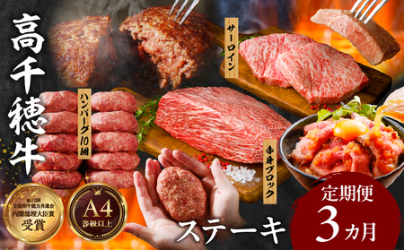 【3か月定期便】 高千穂牛ステーキ定期便 牛肉 肉 お肉 サーロイン ステーキ 赤身 赤身ブロック 定期便 定期 国産牛 ブランド牛 和牛 ローストビーフ  ハンバーグ 国産 贈答 贈り物 簡単調理 おかず 普段使い 宮崎県 高千穂 _Tk002-t083