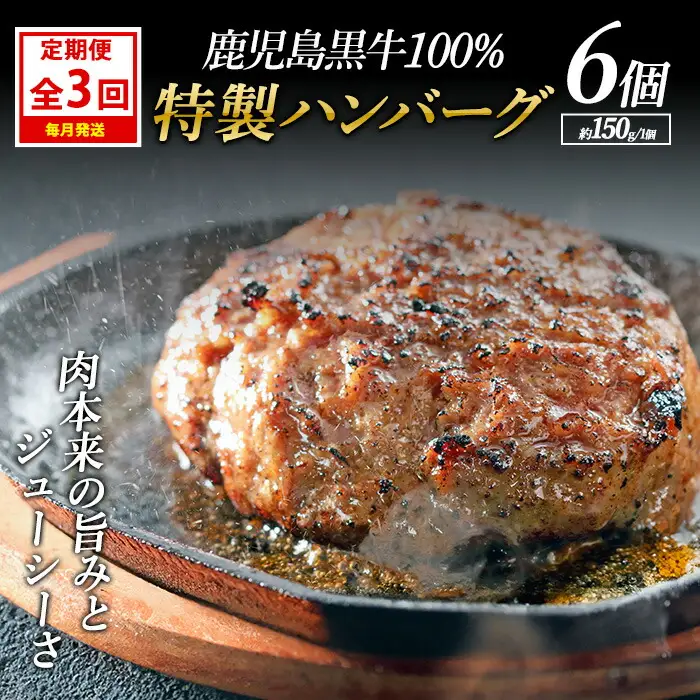 ＜定期便：毎月発送全3回＞鹿児島黒牛特選ハンバーグ(計約900g・約150g×6個)国産 鹿児島 ハンバーグ 冷凍 セット【nixy中山亭】chuzan-1613