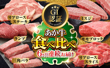 【全6回定期便】【GI認証】くまもとあか牛 食べ比べ A リブロース ランプ 三角バラ ミスジ ステーキ 赤身モモブロック リブローススライス[AYCQ032]