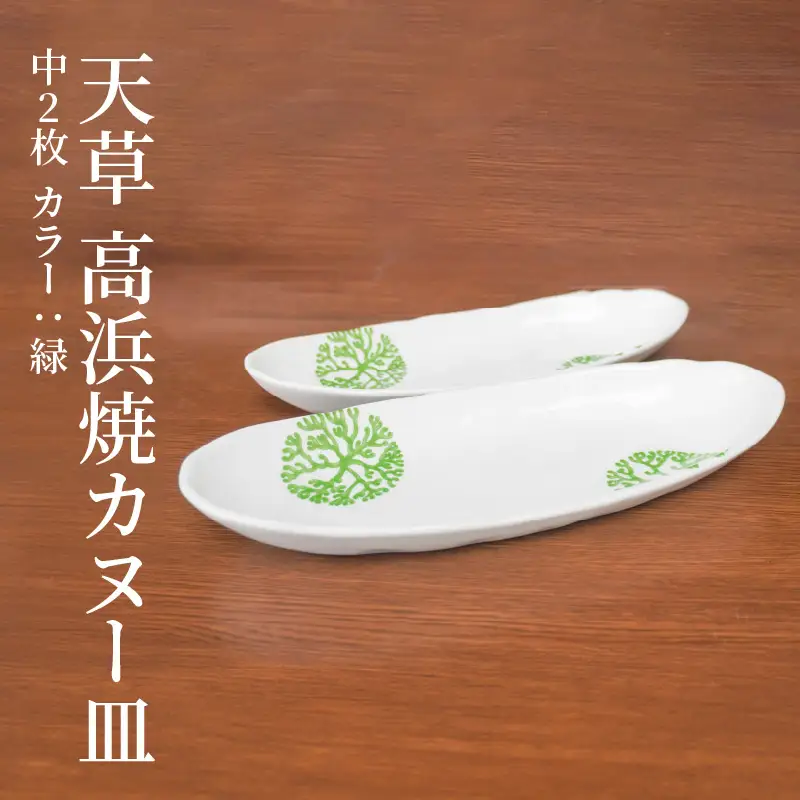 S026-053_天草 高浜焼カヌー皿 中2枚 計2枚入りセット（緑）