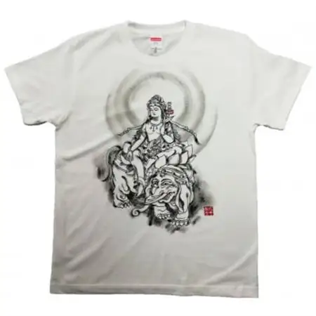 手描きTシャツ 仏画 普賢菩薩 白 (半袖 Mサイズ)【1615093】