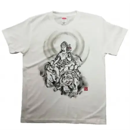 手描きTシャツ 仏画 普賢菩薩 白 (半袖 Lサイズ)【1615106】