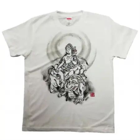 手描きTシャツ 仏画 普賢菩薩 白 (半袖 XLサイズ)【1615111】