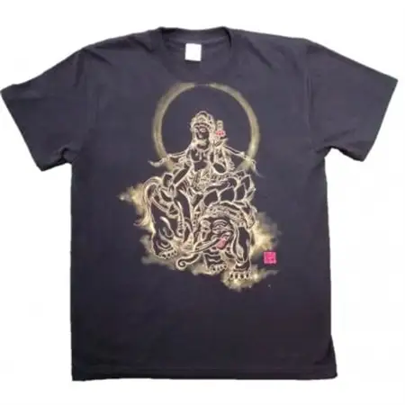手描きTシャツ 仏画 普賢菩薩 黒 (半袖 Mサイズ)【1615121】