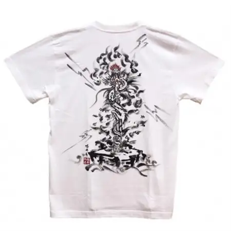 手描きTシャツ 仏画 倶利伽羅不動 白 (半袖 Sサイズ)【1614999】