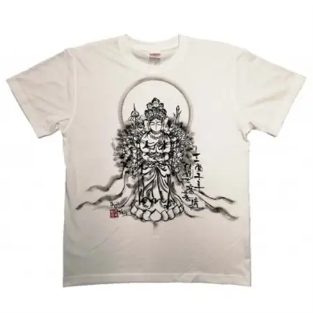 手描きTシャツ 仏画 十一面千手観音 白 (半袖 XLサイズ)【1615161】