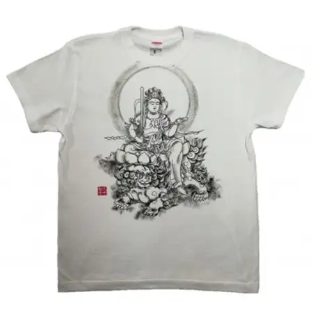 手描きTシャツ 仏画 文殊菩薩 白 (半袖 Sサイズ)【1615172】
