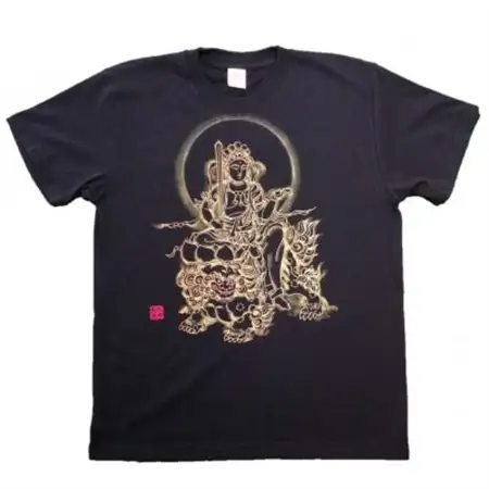 手描きTシャツ 仏画 文殊菩薩 黒 (半袖 Sサイズ)【1615176】