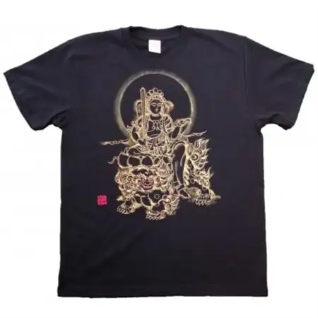手描きTシャツ 仏画 文殊菩薩 黒 (半袖 Lサイズ)【1615178】