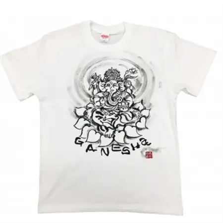 手描きTシャツ 仏画 ガネーシャ 白 (半袖 Mサイズ)【1615509】
