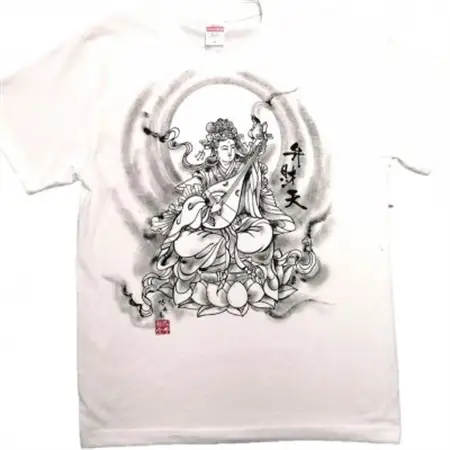 手描きTシャツ 仏画 弁財天 白 (半袖 Lサイズ)【1615617】