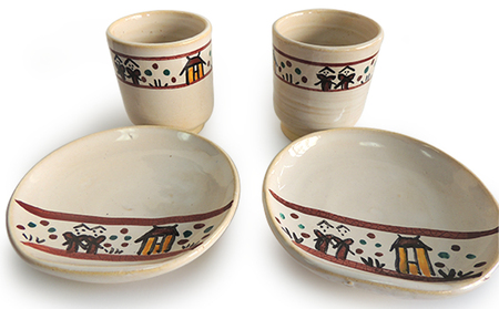 奈良絵湯呑２客と奈良絵皿2客 民芸品 工芸品 食器 