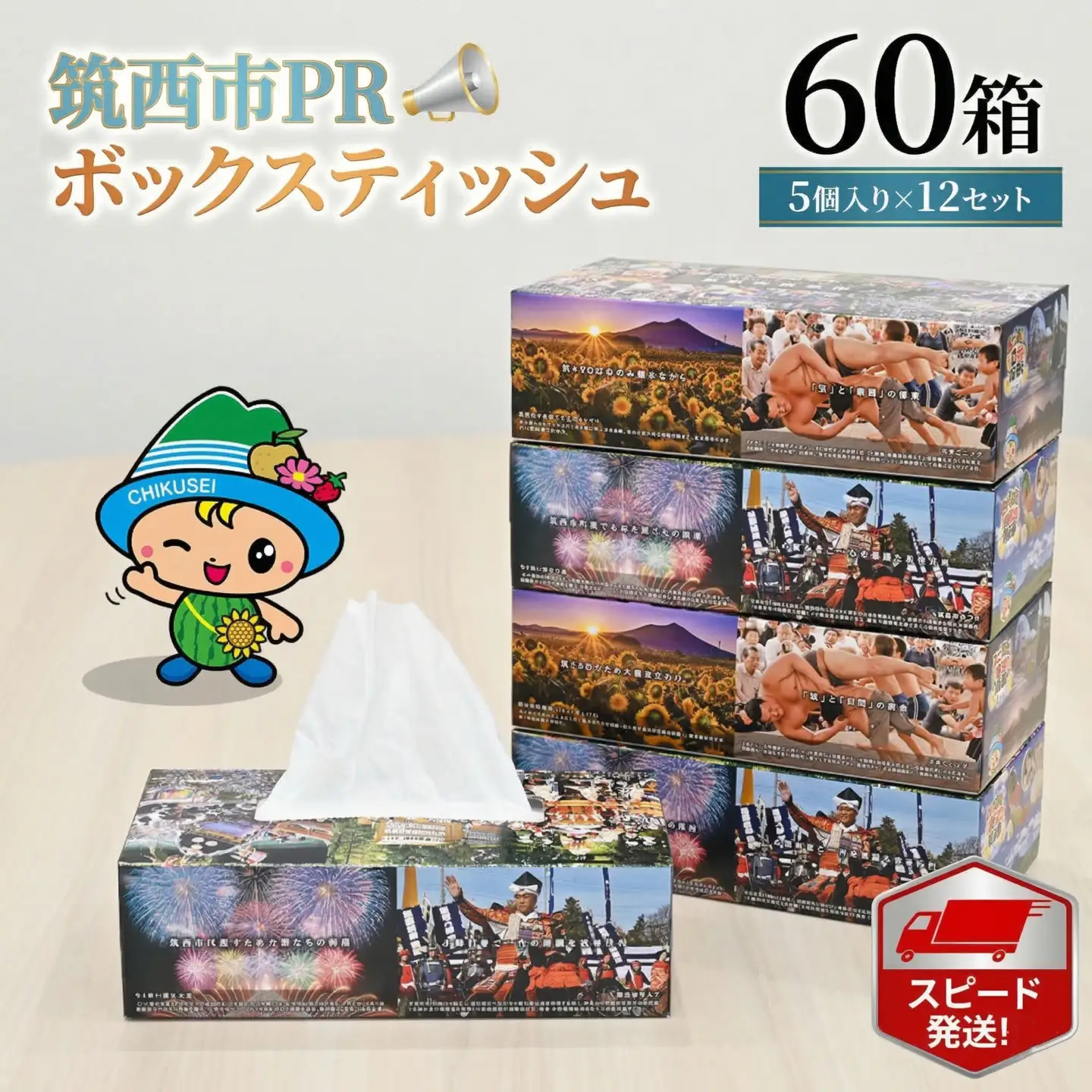 スピード発送!! 筑西市PR ボックスティッシュ 60箱 ( 5個入り × 12セット )