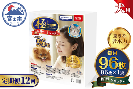 定期便 12回 ペットシーツ 【極】シリーズ 厚型レギュラー 96枚 ペット用 犬用 猫用 トイレシーツ 日用品 ペット用品 防災 備蓄 消耗品 ドッグ キャット わんちゃん ねこちゃん 静岡県 富士市 [sf077-143]