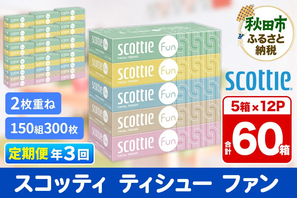 《4ヶ月ごとに3回お届け》定期便 ティッシュペーパー スコッティ ティシュー ファン 150組 5箱×12パック