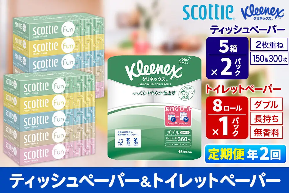 《6ヶ月ごとに2回お届け》定期便 クリネックス トイレットペーパー 長持ちロール ダブル 8ロール×1パック ＆ ティッシュペーパー スコッティ ファン 150組 5箱×2パック 秋田市オリジナル 新生活