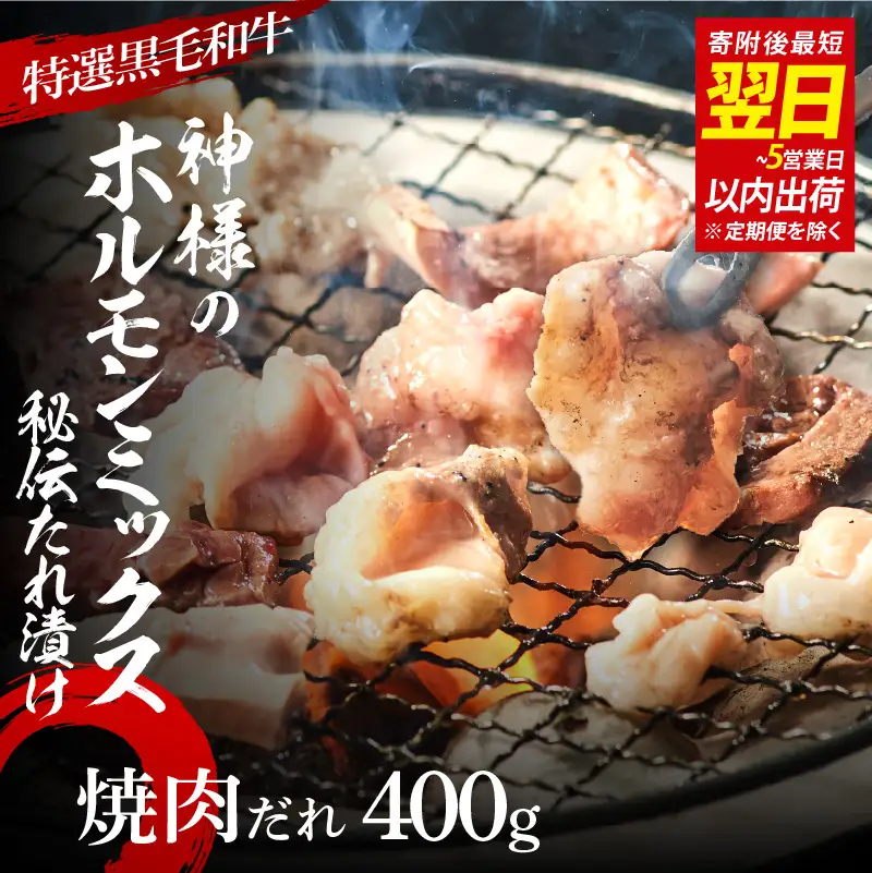 【 スピード発送 】【 特選 黒毛和牛 】 神様のホルモンミックス 秘伝たれ漬け 400g（焼肉だれ2p）