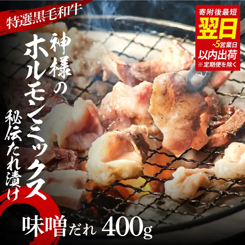【 スピード発送 】【 特選 黒毛和牛 】 神様のホルモンミックス 秘伝たれ漬け 400g（味噌だれ2p）