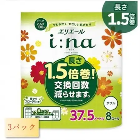 エリエール(イーナ)トイレットティシュー 1.5倍 37.5m(ダブル)8R×3パック(24個)【配送不可地域：離島・北海道・沖縄県】【1617555】