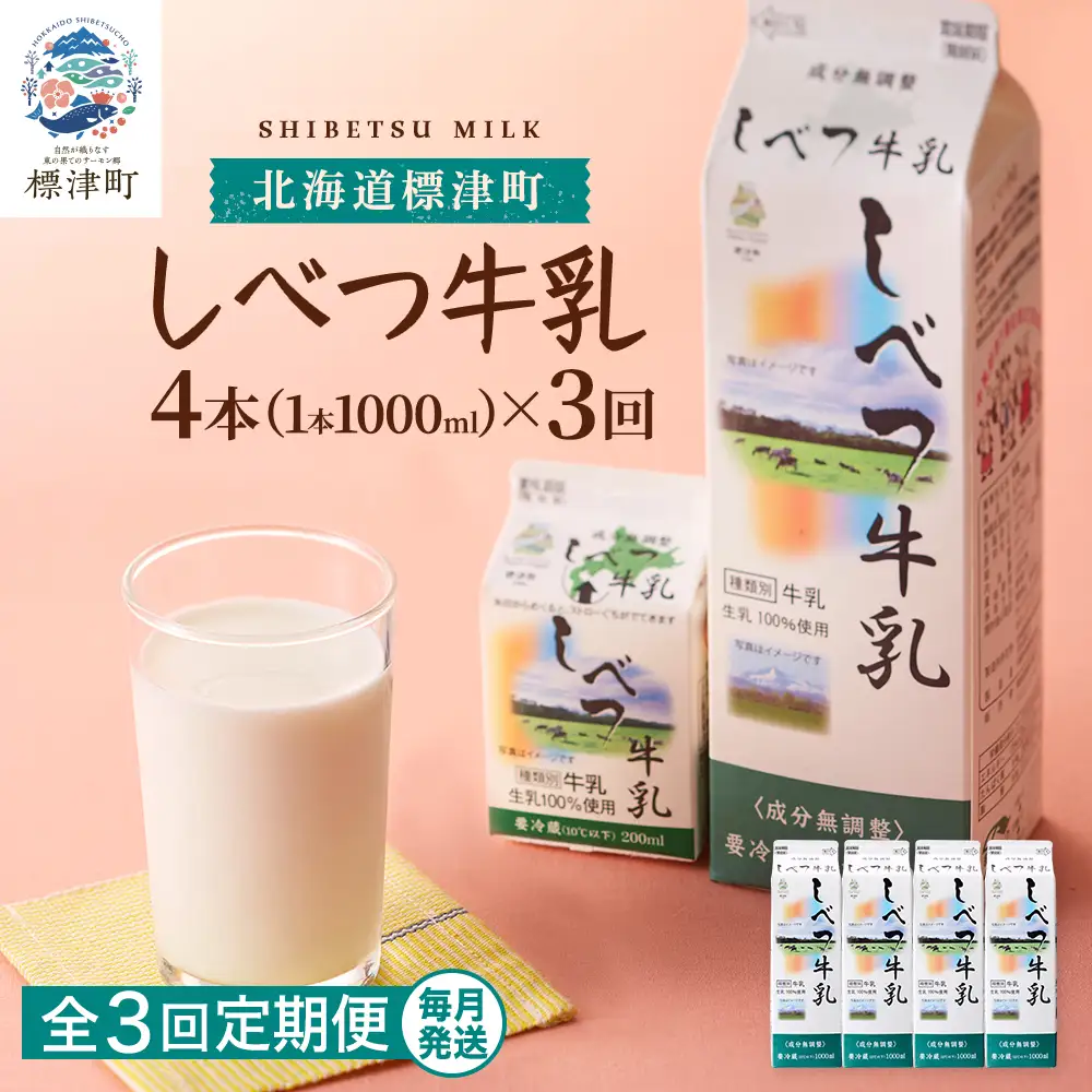 【毎月定期便】【3ヶ月定期便】しべつ牛乳1L×4本　北海道 パックミルク 美味しい全3回 牛乳【配送不可地域：離島】【AE007】
