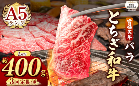 【栃木県共通返礼品】【定期便3回】宮福笑牛(とちぎ和牛) A5 バラ焼き肉 約400g  | 栃木県 下野市