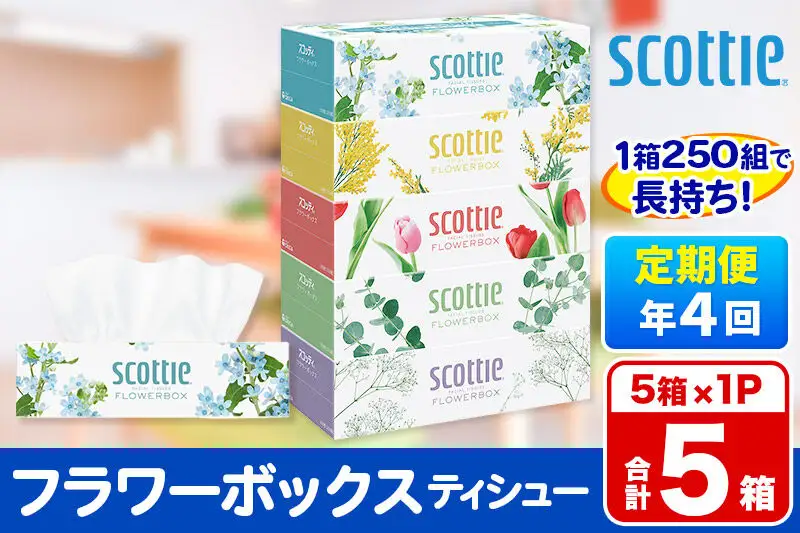 《3ヶ月ごとに4回お届け》定期便 ティッシュペーパー スコッティ ティシュー フラワーボックス 250組 5箱パック×1パック 秋田市オリジナル