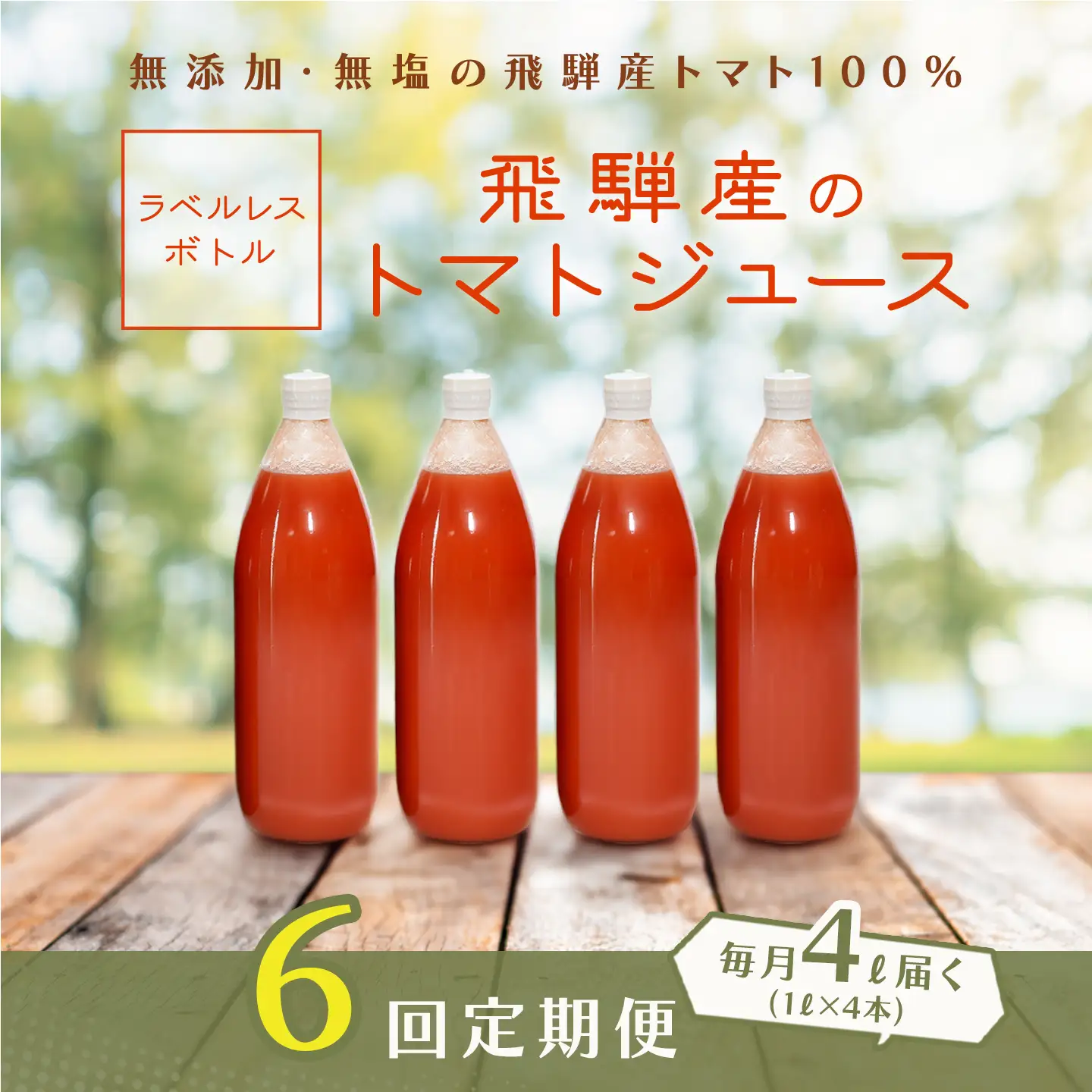 先行予約（2026年8月から発送）【定期便 6回】（ラベルレス）飛騨産 100％ 無添加トマトジュース（1L×4本入り）×6ヶ月【113-F】