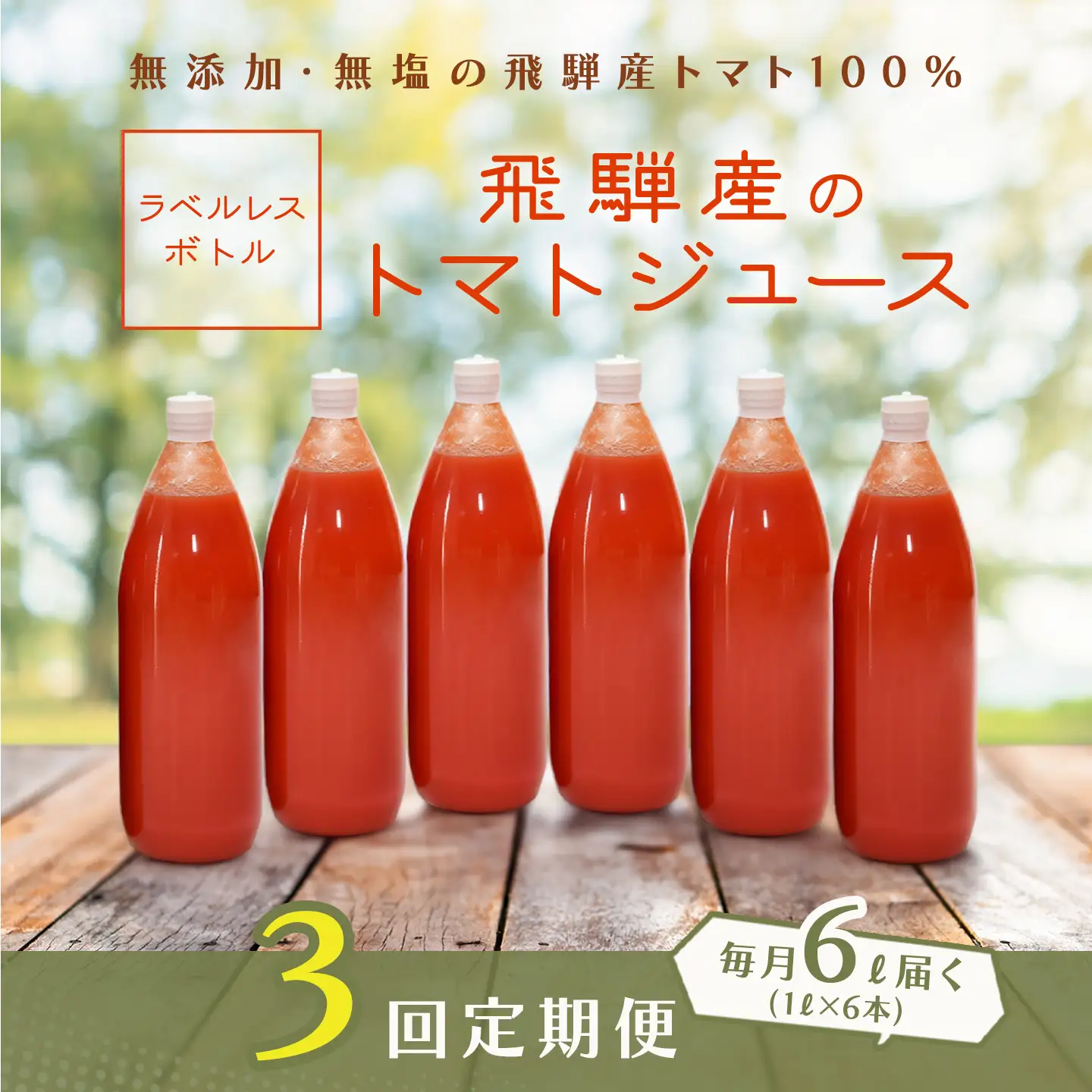 先行予約（2026年8月から発送）【定期便 3回】（ラベルレス）飛騨産 100％ 無添加トマトジュース（1L×6本入り）×3ヶ月 定期 【113-G】