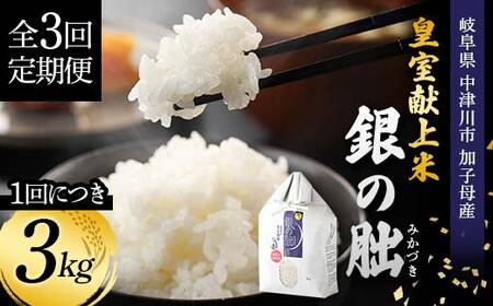 ＜テレビで紹介されました！＞令和7年度 【全3回定期便】皇室献上米『銀の朏』3kg 中津川市加子母産 栽培期間中化学肥料不使用 お米 精米 F4N-1868