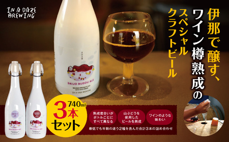 伊那で醸す、ワイン樽熟成のスペシャルクラフトビール740ml×3本セット　（熟成度合いがボトルごとすべて異なります。山ぶどうを使用したビールを熟成。ワインのような味わい）【037-13】