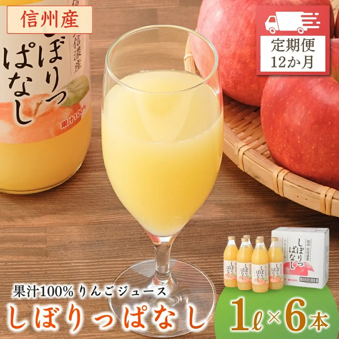 【定期便12ヶ月】信州産 りんごジュース 「しぼりっぱなし」 ストレート果汁100％ (1L×6本)|りんごジュース