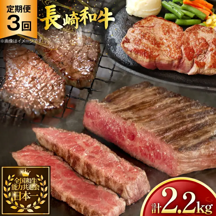 牛肉 和牛 定期便 長崎和牛 ステーキ 食べ比べ 5種 3回 総計2.2kg [黒牛 長崎県 東彼杵町 hs42bag750003]