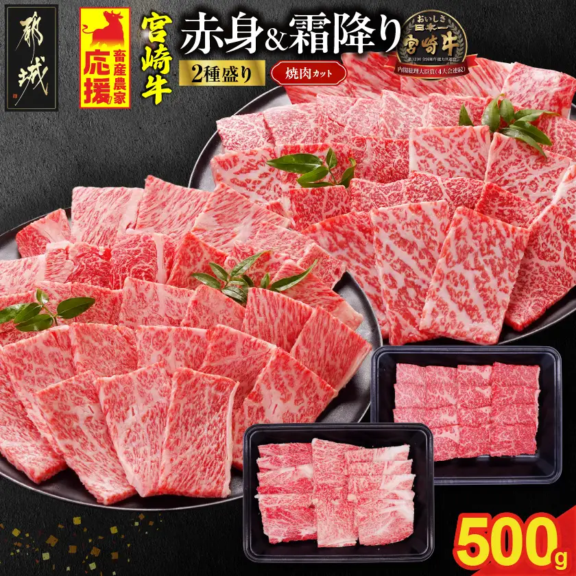 畜産農家応援! 宮崎牛焼肉2種500gセット(霜降り200g 赤身300g)〔13-N2-002-500g-S2A3〕_(都城市) 赤身 霜降り 食べ比べ 肩ロース又はロース ウデ モモ 焼き肉 牛肉 とろける BBQ 焼肉