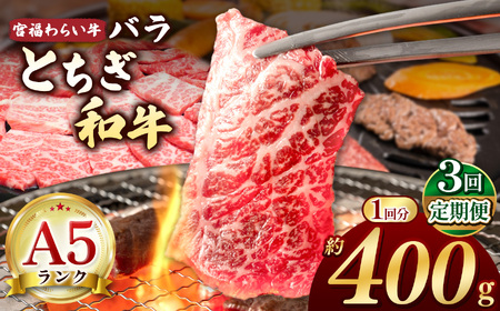 【栃木県共通返礼品】【定期3回】宮福笑牛（とちぎ和牛）A5 バラ焼き肉　約400g