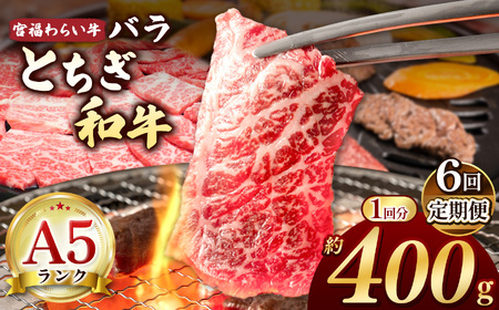 【栃木県共通返礼品】【定期6回】宮福笑牛（とちぎ和牛）A5 バラ焼き肉　約400g