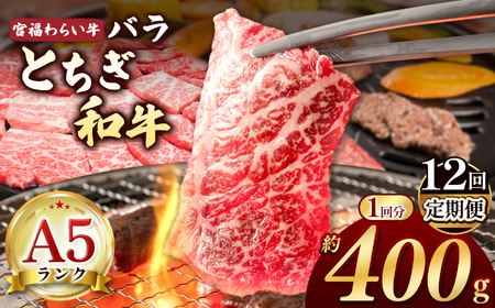【栃木県共通返礼品】【定期12回】宮福笑牛（とちぎ和牛）A5 バラ焼き肉　約400g