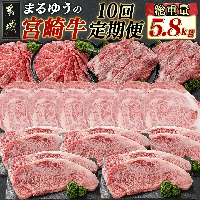 まるゆうの宮崎牛定期便 (10回)_T227-10-N401_(都城市) 宮崎県産 宮崎牛 ローススライス サーロインステーキ リブロース 霜降り モモスライス 定期便