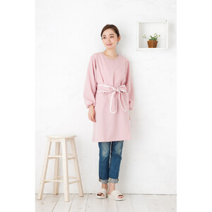 【ピンク】丸襟パイピングリボン割烹着