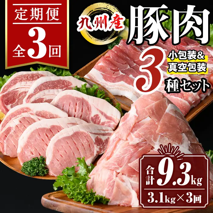 isa683 【定期便3回】小分け・真空パック！九州産豚肉3種セット(合計9.3kg・3.1kg×全3回)  バラスライス ロース とんかつ 生姜焼き 真空包装 真空パック 小分け ぶたにく 豚 肉 詰合せ 詰め合わせ 食べ比べ 冷凍 【サンキョーミート株式会社】
