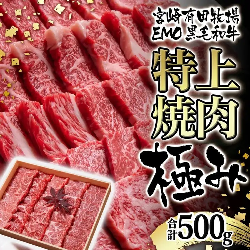 黒毛和牛 稀少部位を含む 特上おまかせ焼肉極み500g 有田牧畜産業オリジナルブランド「EMO牛」＜14-13a＞