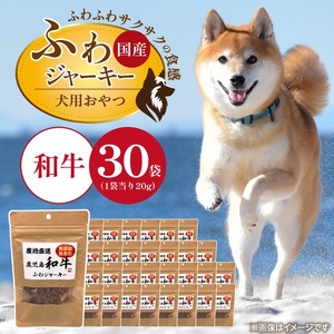 国産 ふわジャーキー 犬用おやつ（和牛）20g×30袋_犬用 おやつ 20g × 30袋 セット内容 和牛 ジャーキー 全犬種用 パウチ入り 肉 素材の旨味 無着色 高たんぱく質 やわらかい 厳選 ちぎれる サイズ調整 パピー犬 シニア犬 ふわふわ サクサク 福岡県 久留米市 送料無料 〔Pf072-01〕
