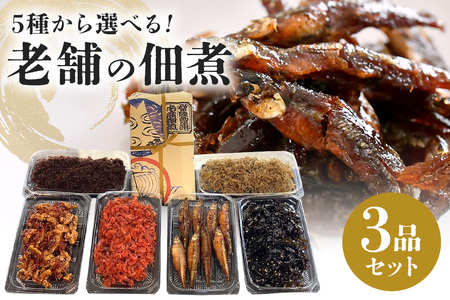 飯田屋 おすすめ品 3品 セット 選べる 詰合せ セット 佃煮 つくだ煮 詰め合わせ 詰め合わせセット 創業90年 老舗 佃煮屋 飯田屋 わかさぎ甘露煮 エビ 白魚くるみ 山椒ちりめん 甘口こぶ ご飯のお供 おかず ギフト 贈り物 贈答用 茨城県 石岡市 (E08-003)